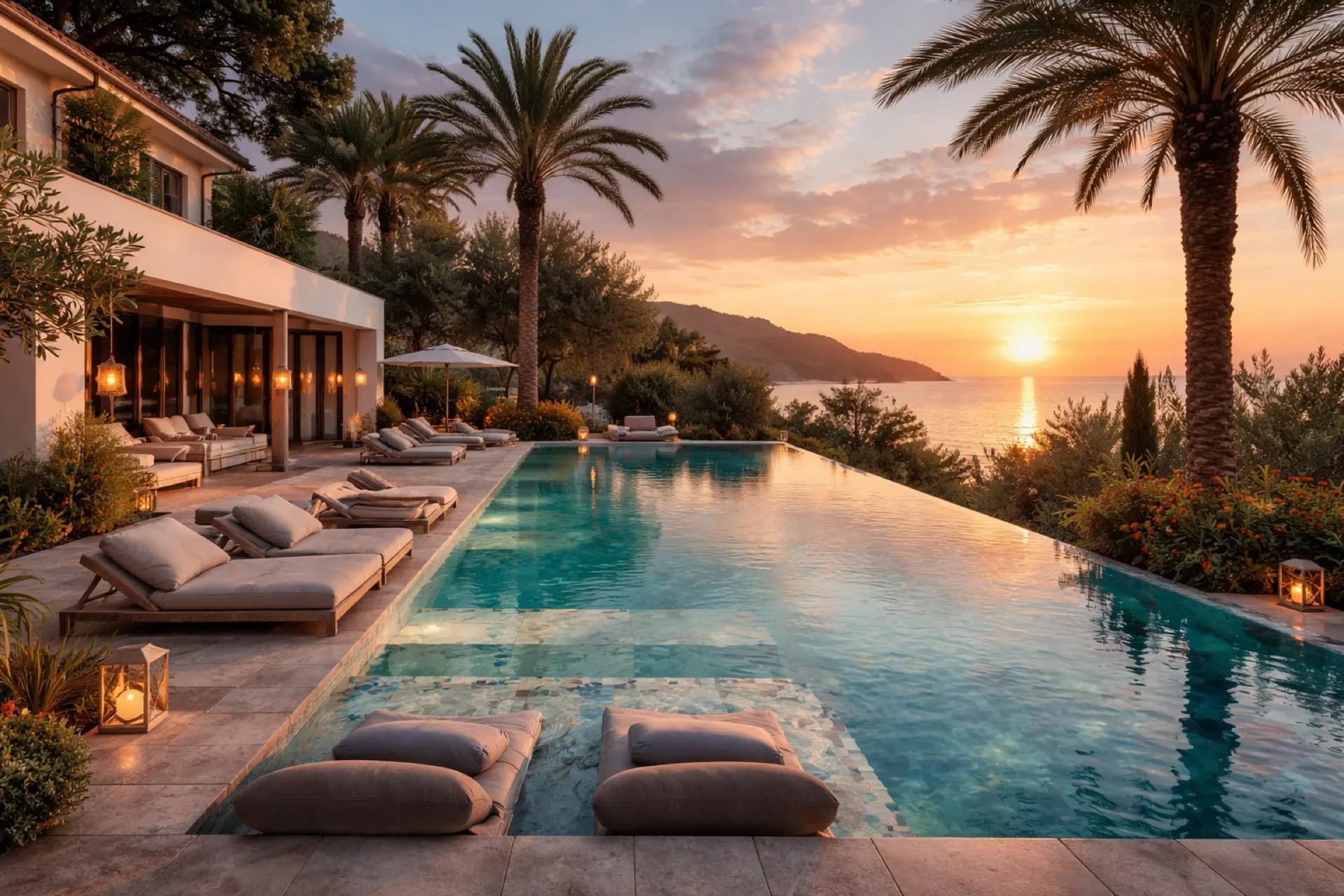 Piscine de luxe avec vue mer au coucher du soleil